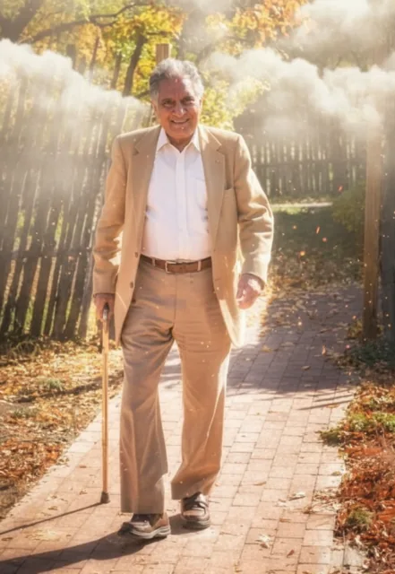 Ishwar Puri standing on a tree-lined path in a light-colored suit